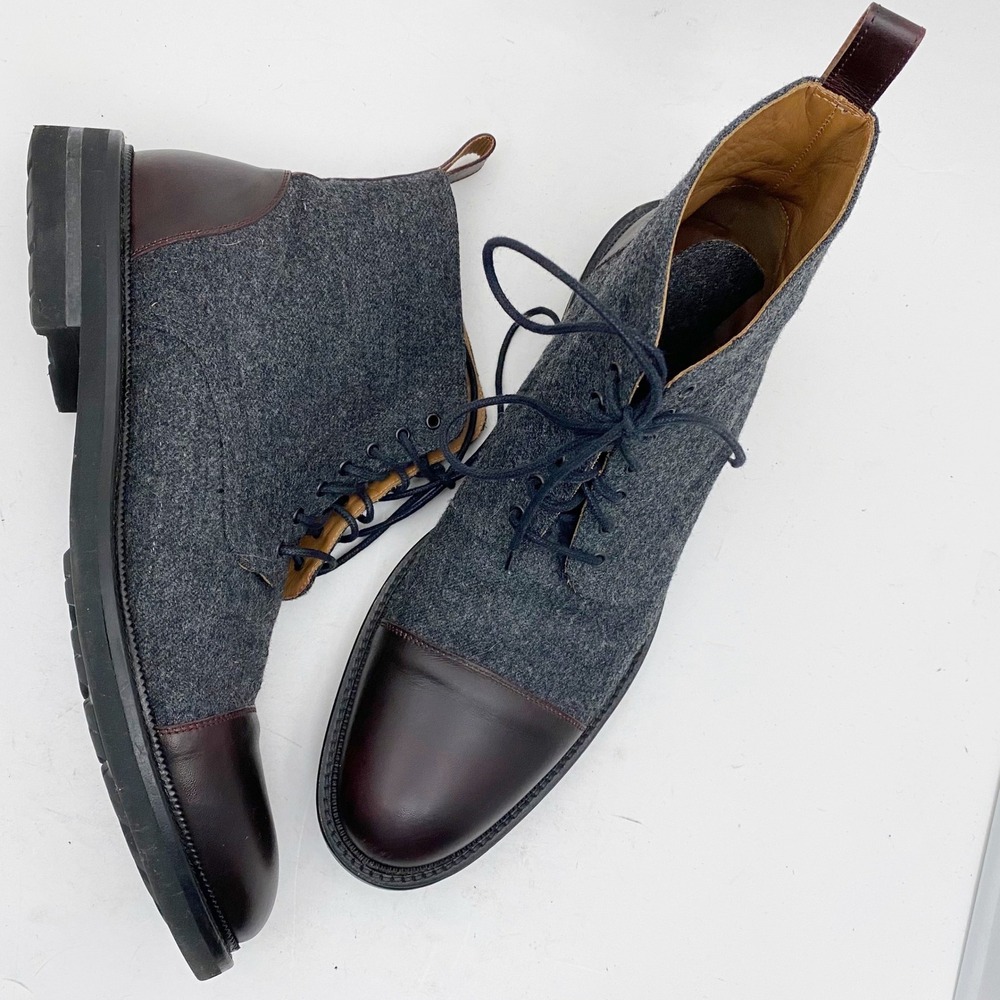 TAFT Jack Grey Wool Flannel Oxblood Cap Toe Lace Up Dress Boots Mens EU 45 US 12